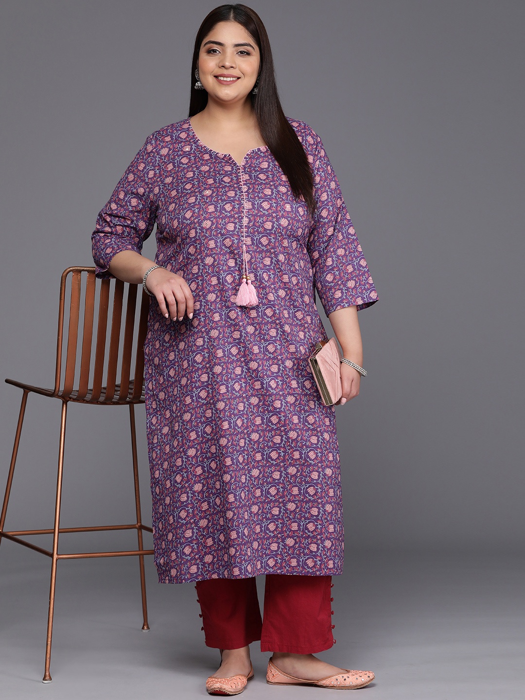 

Varanga Plus Size Ethnic Motifs Printed Thread Work Cotton Floral Kurta, Purple