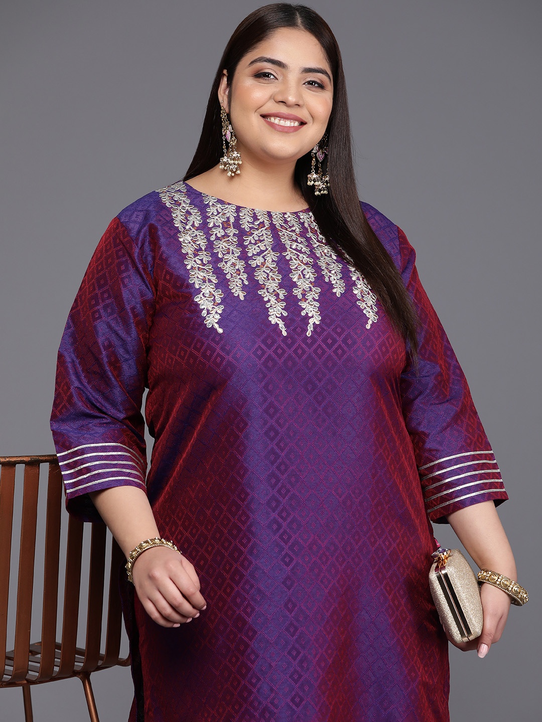 

Varanga Plus Size Floral Yoke Design Jacquard Kurta, Purple