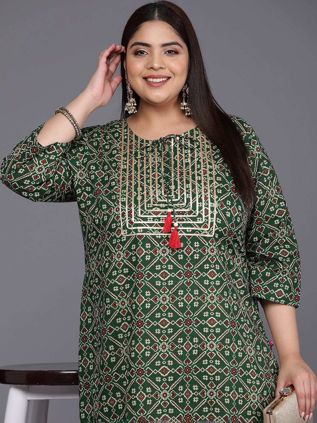 

Varanga Plus Size Ethnic Motifs Printed Gotta Patti Cotton Kurta, Green