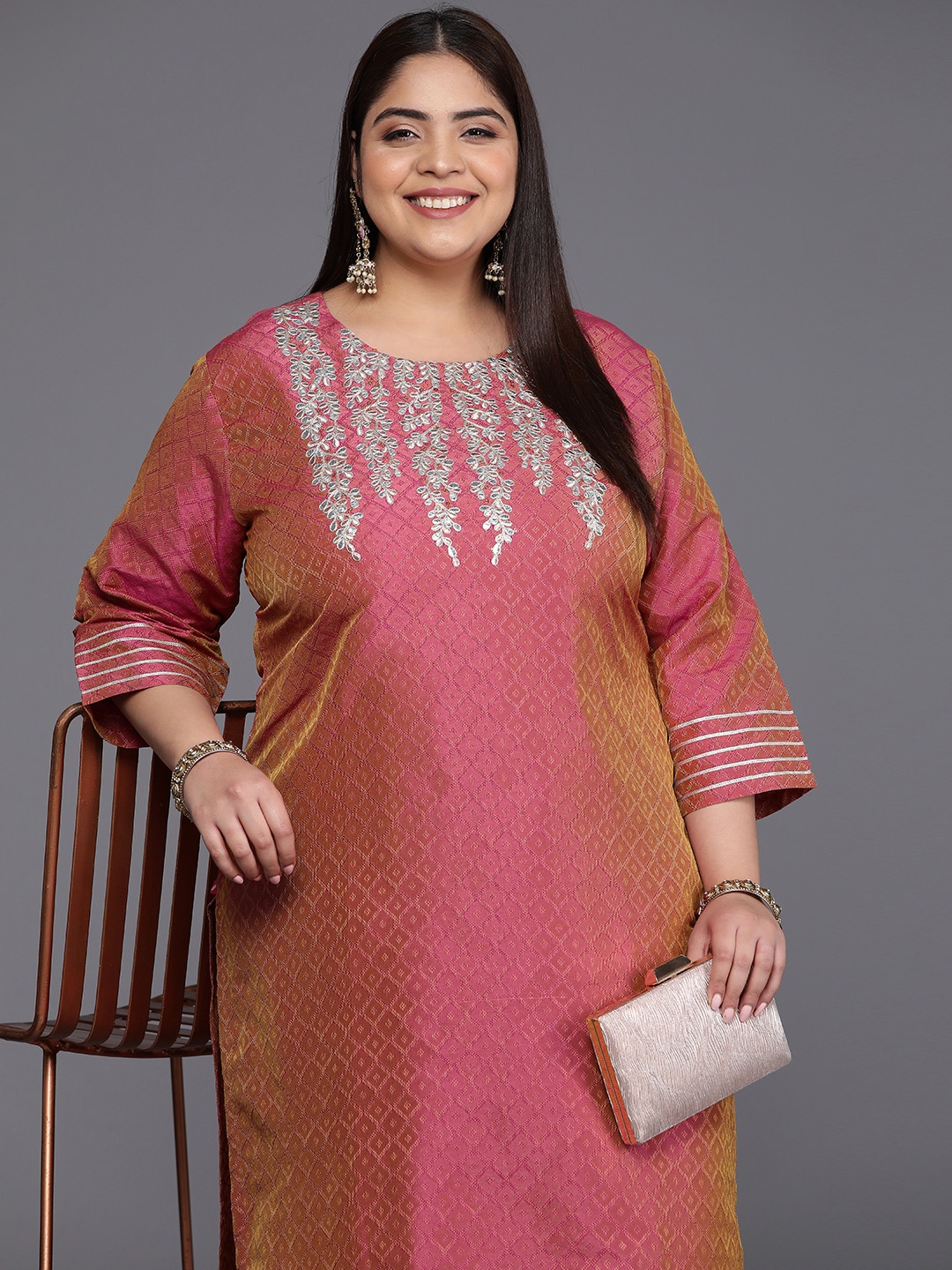 

Varanga Plus Size Floral Yoke Design Gotta Patti Silk Kurta, Maroon