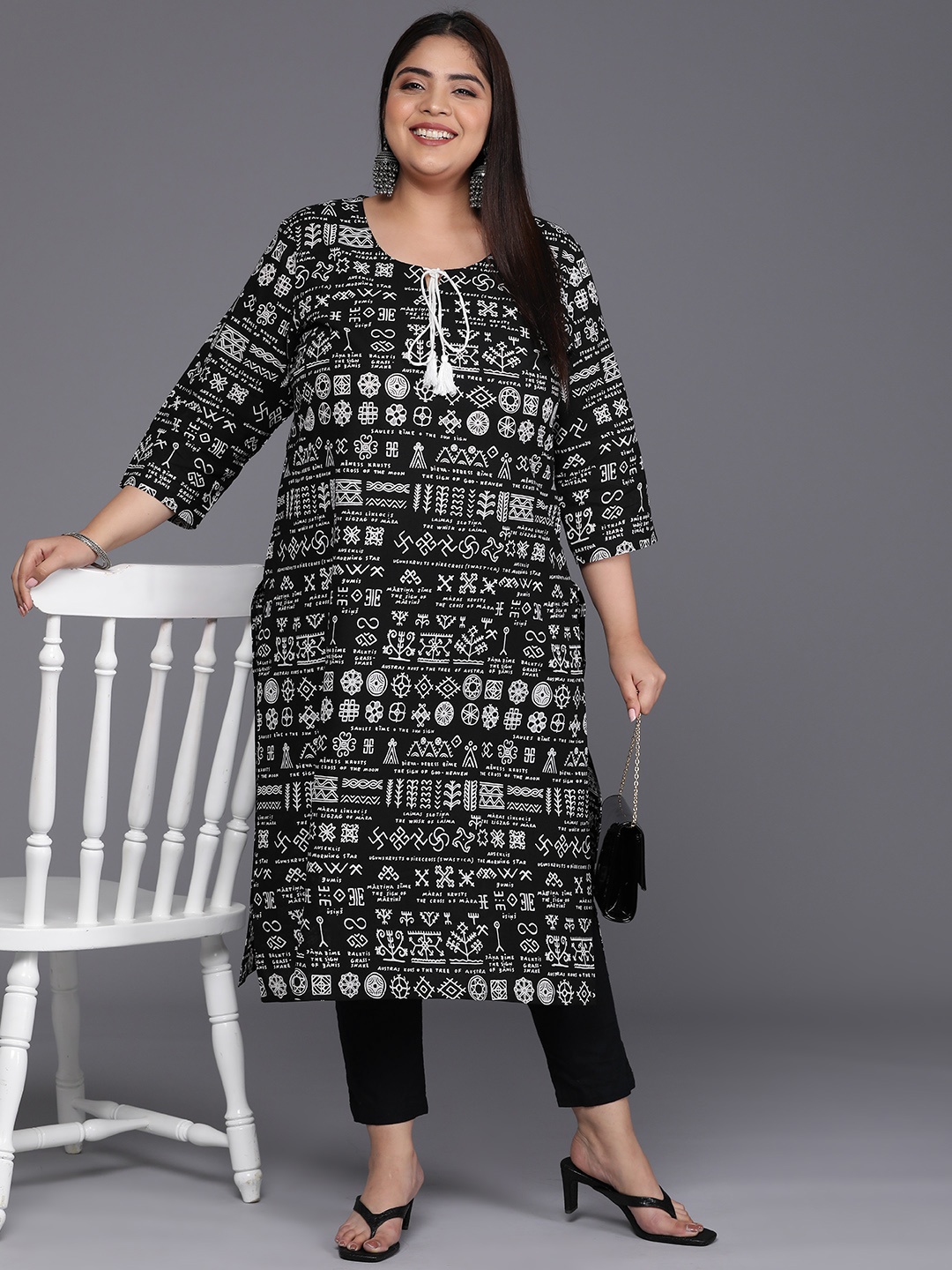 

Varanga Plus Size Tribal Printed Cotton Kurta, Black