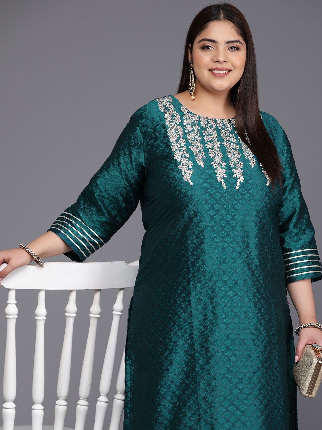 

Varanga Plus Size Floral Yoke Design Gotta Patti Jacquard Kurta, Teal