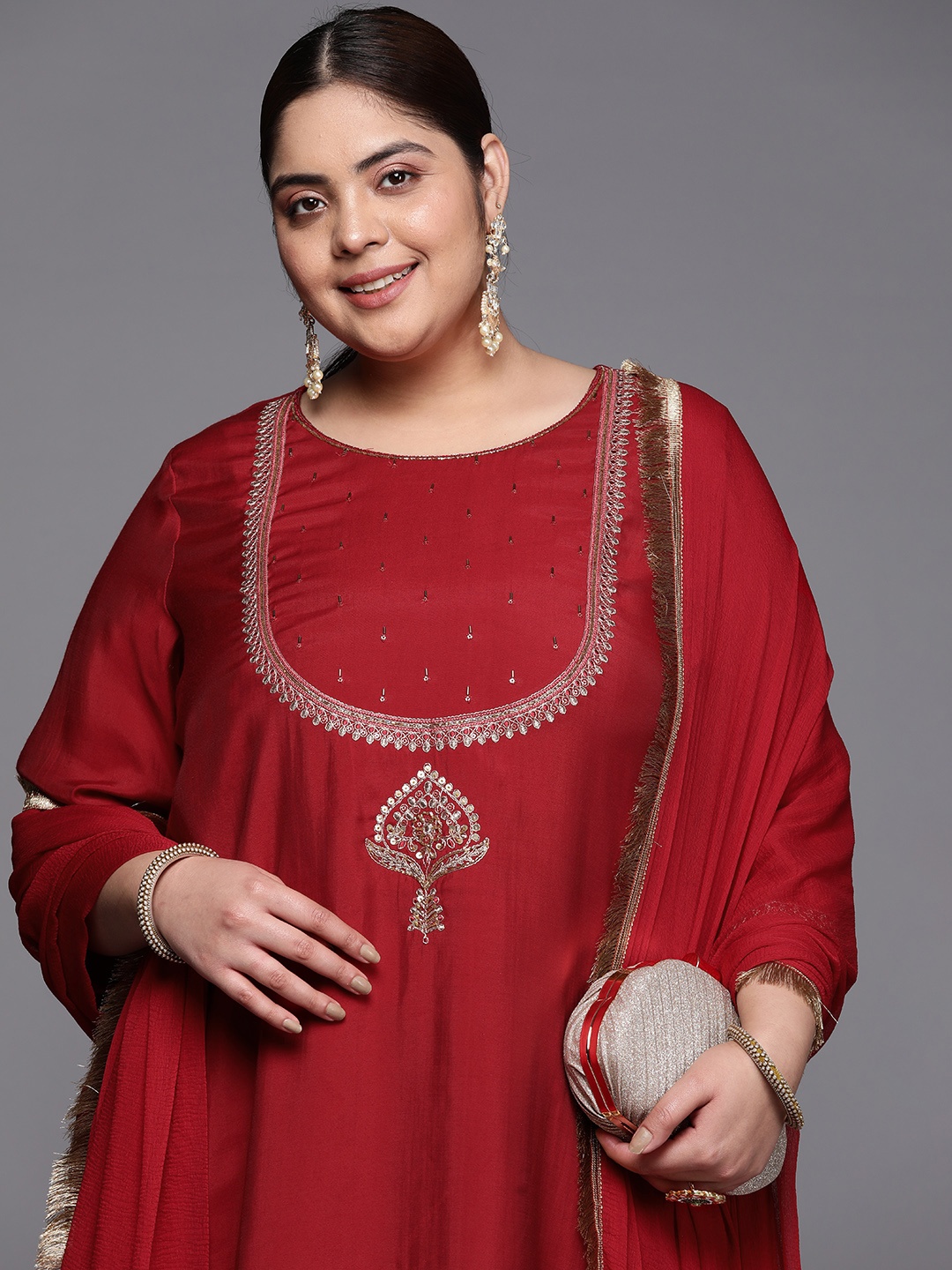 

Varanga Plus Size Ethnic Motifs Embroidered Kurta With Trousers & Dupatta, Red