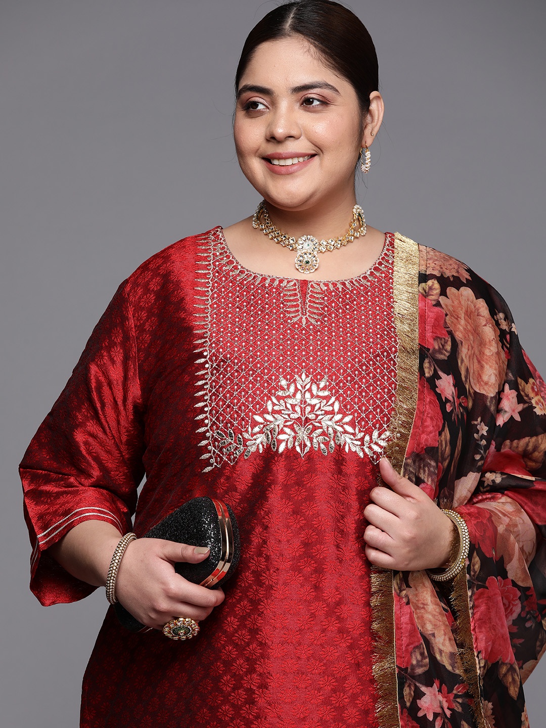 

Varanga Plus Size Floral Embroidered Mirror Work Kurta With Trousers & Dupatta, Red