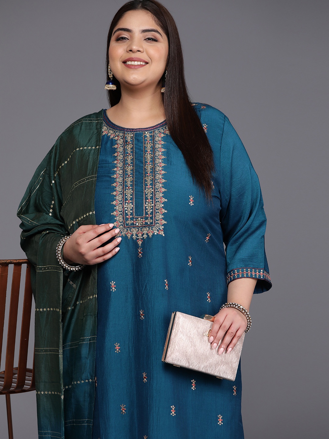 

Varanga Plus Size Floral Embroidered Sequinned Kurta with Sharara & Dupatta, Teal