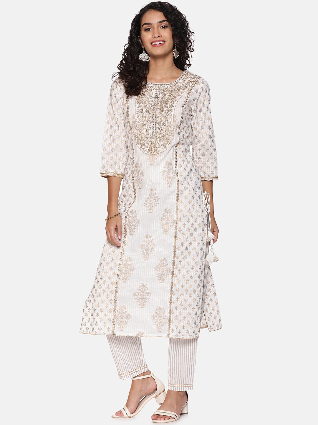 

Palakh Women Floral Embroidered Mirror Work Pure Cotton Kurta With Trousers, Off white