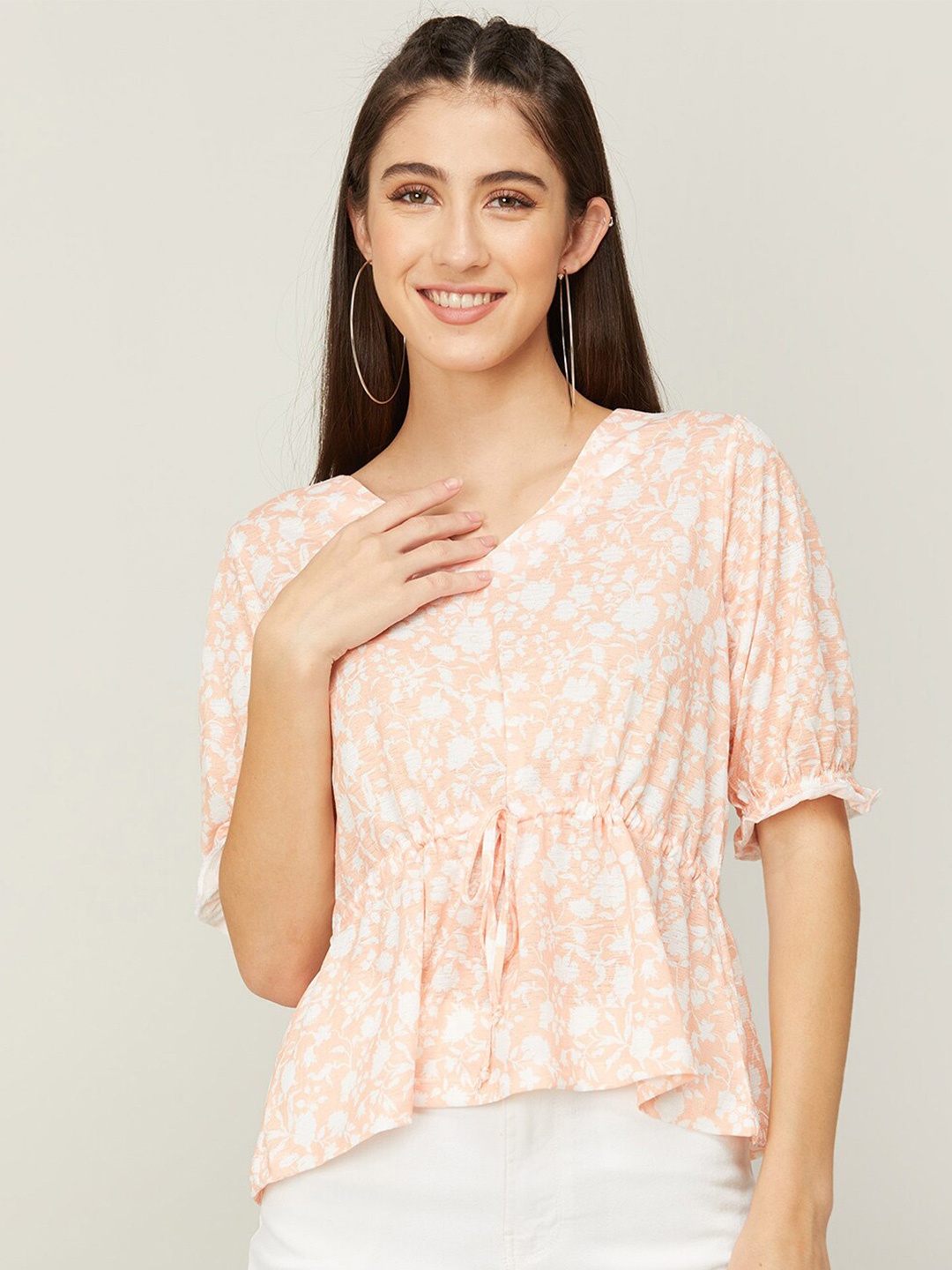 

Fame Forever by Lifestyle Floral Printed Cinched Waist Top, Peach