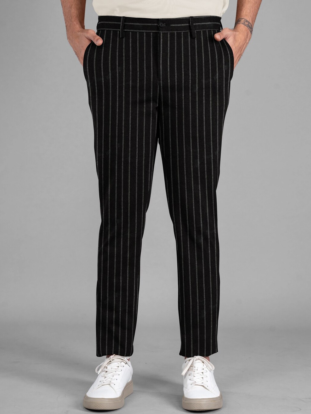 

The Pant Project Men Striped Tailored Slim Fit Wrinkle Free Trousers, Black