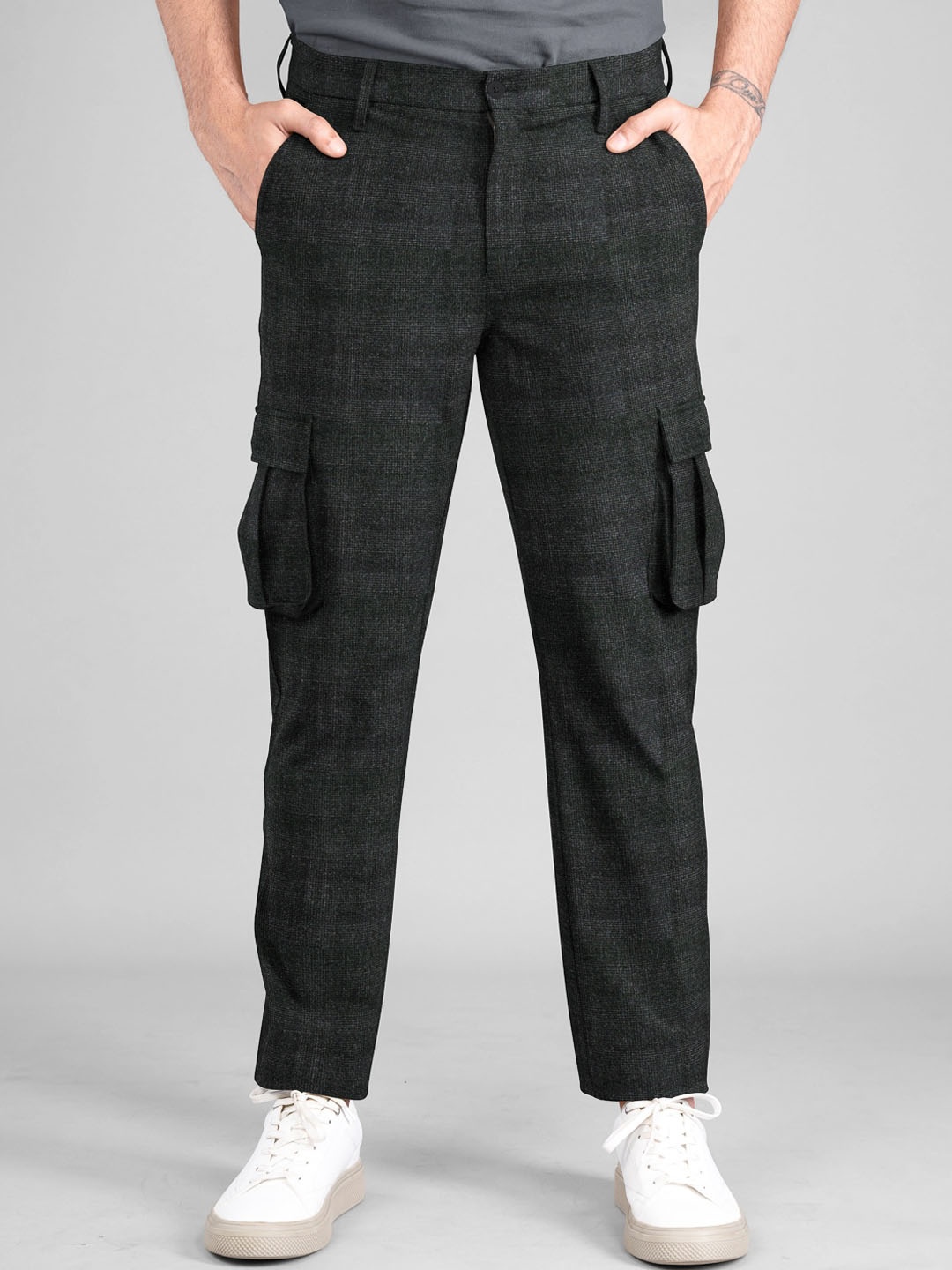 

The Pant Project Men Checked Tailored Slim Fit Cargos Trousers, Grey