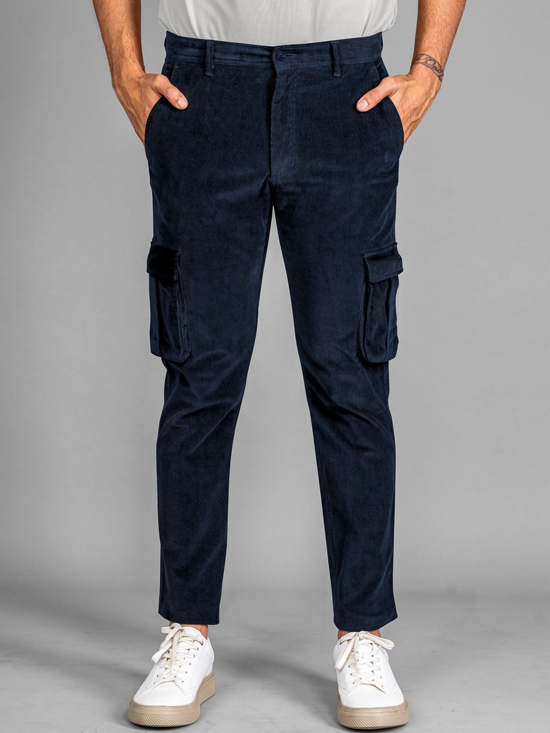 

The Pant Project Men Cotton Slim Fit Corduroy Cargos Trousers, Navy blue