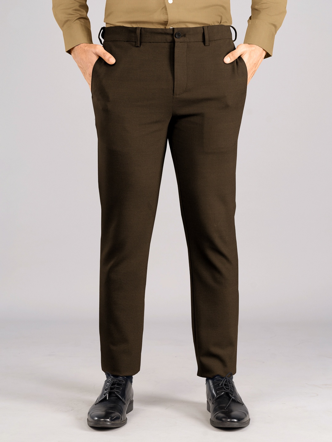 

The Pant Project Men Tailored Slim Fit Wrinkle Free Mid-Waist Formal Trousers, Brown