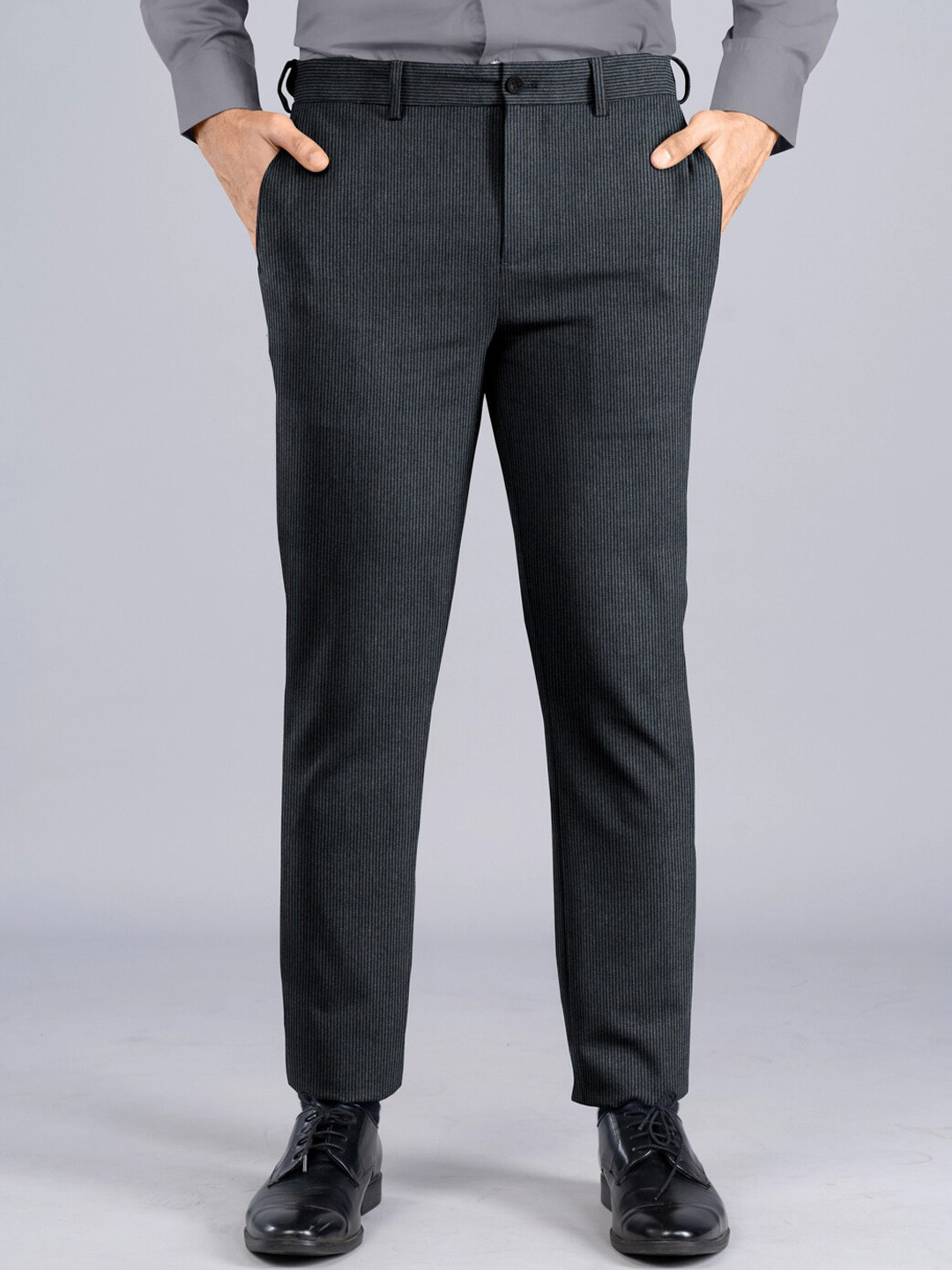 

The Pant Project Men Striped Tailored Slim Fit Wrinkle Free Formal Trousers, Blue