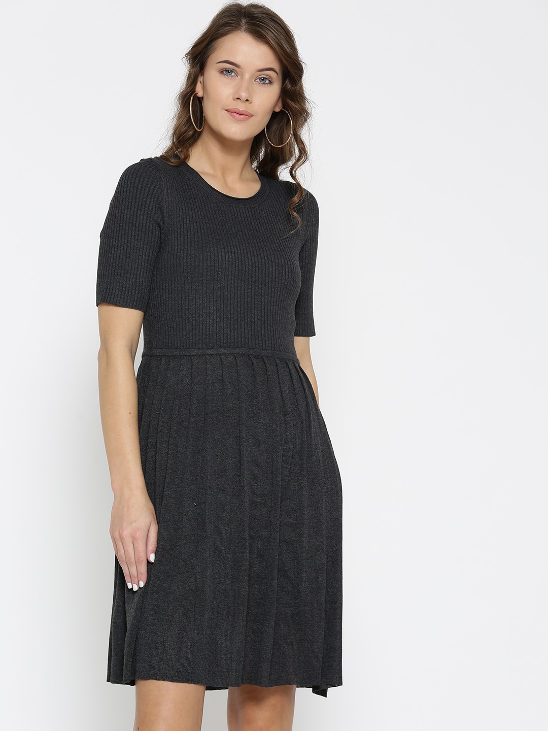

ONLY Women Charcoal Grey Solid Fit and Flare Dress