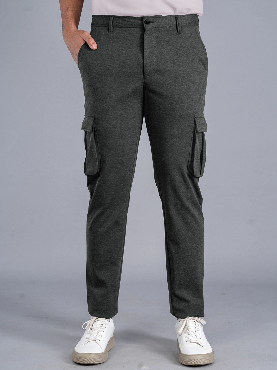 

The Pant Project Men Tailored Slim Fit Stretchable Wrinkle Free Woven Cargos Trousers, Black