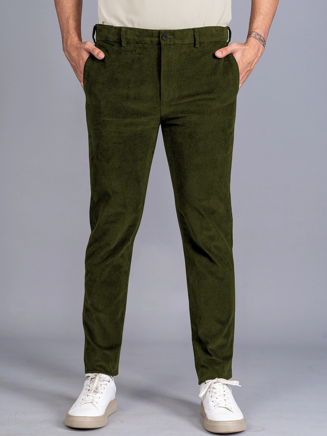 

The Pant Project Men Tailored Slim Fit Corduroy Stretchable Trousers, Olive
