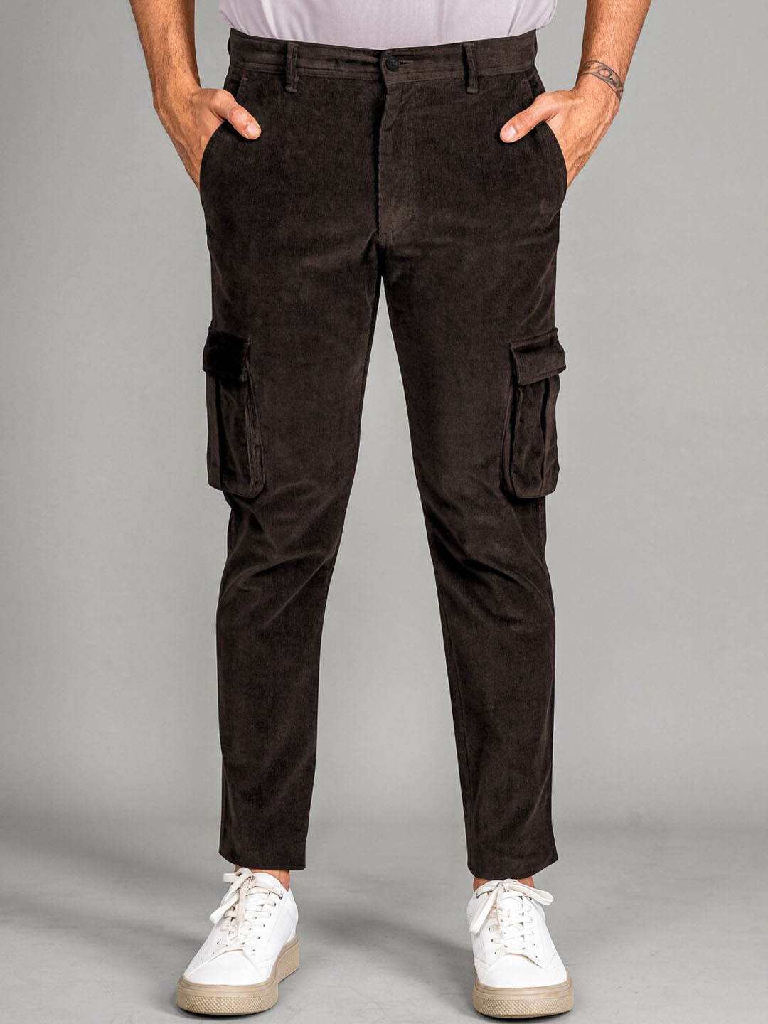 

The Pant Project Men Cotton Tailored Slim Fit Corduroy Cargos, Brown