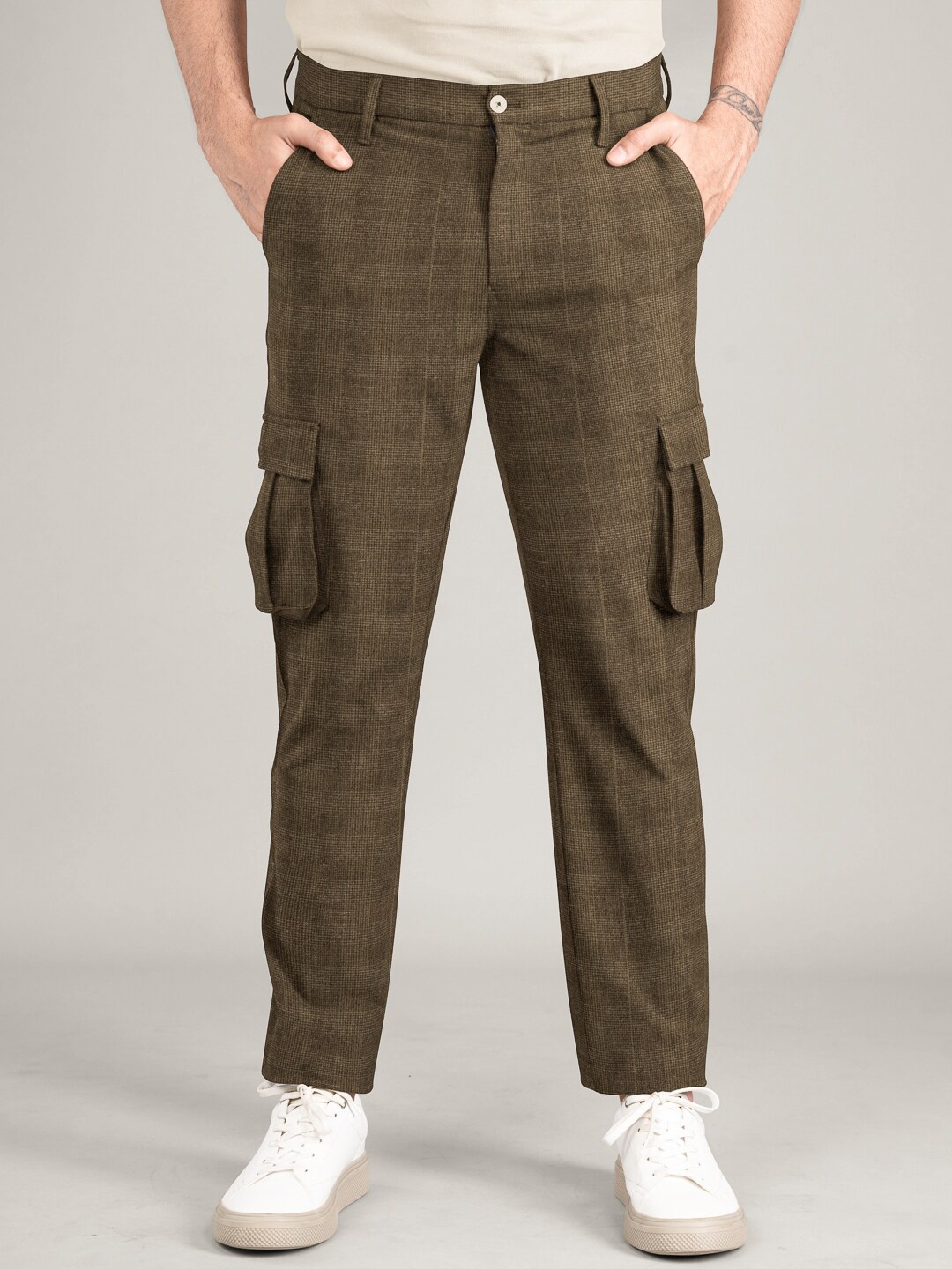 

The Pant Project Men Checked Slim Fit Wrinkle Free Cargos Trousers, Olive