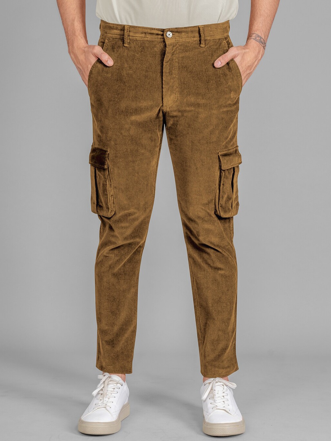 

The Pant Project Men Slim Fit Mid-Rise Corduroy Cargos Trousers, Camel brown