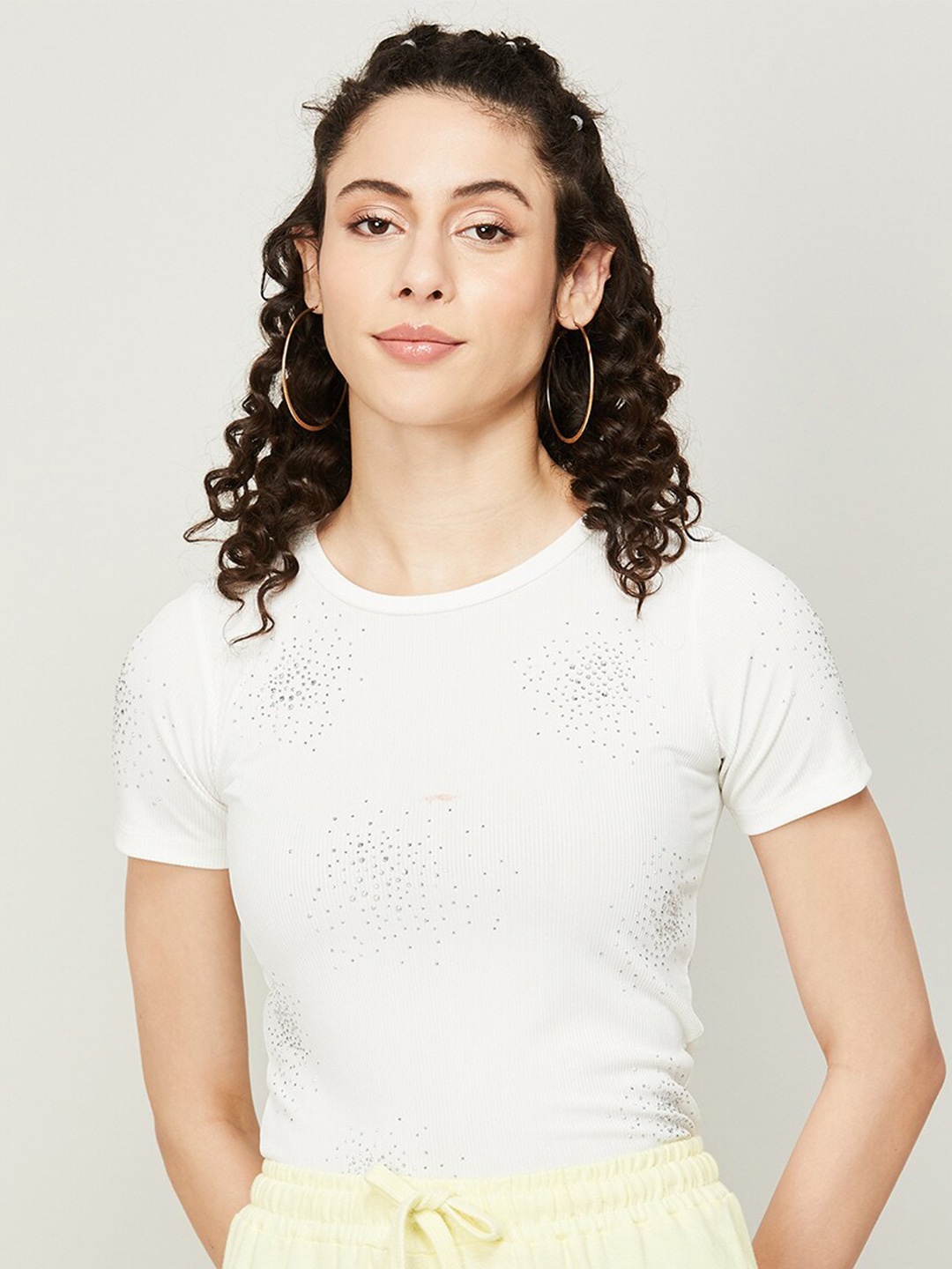 

Ginger by Lifestyle Round Neck Studded Ribbed Top, White
