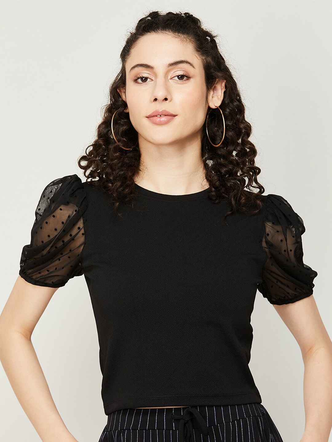 

Ginger by Lifestyle Puff Sleeves Round Neck Top, Black