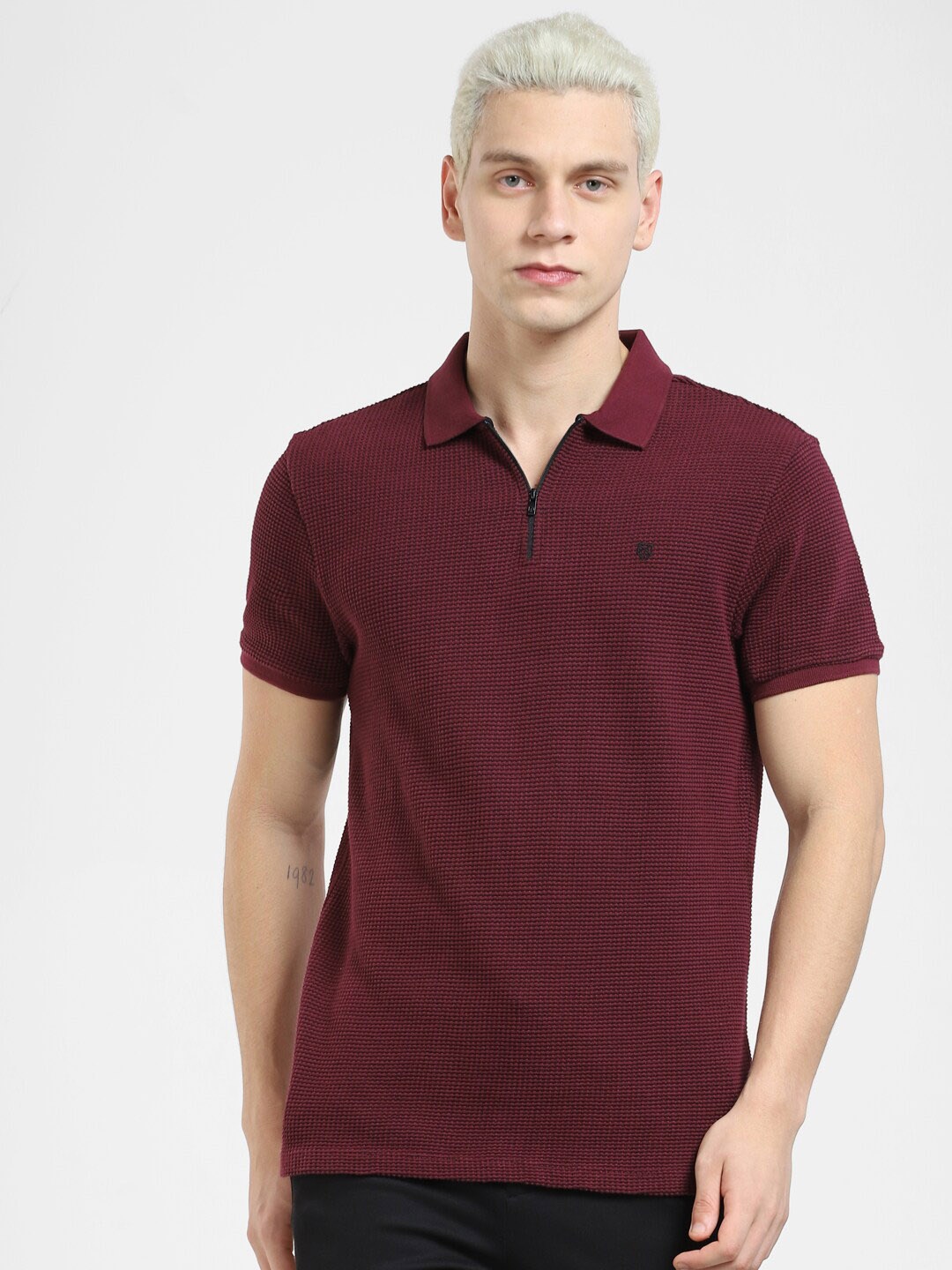 

Jack & Jones Men Self Designed Polo Collar Slim Fit Cotton T-shirt, Maroon