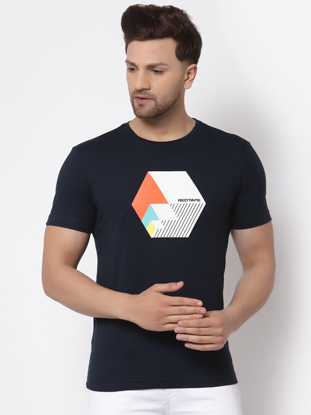 

Red Tape Men Graphic Printed Pure Cotton T-shirt, Navy blue