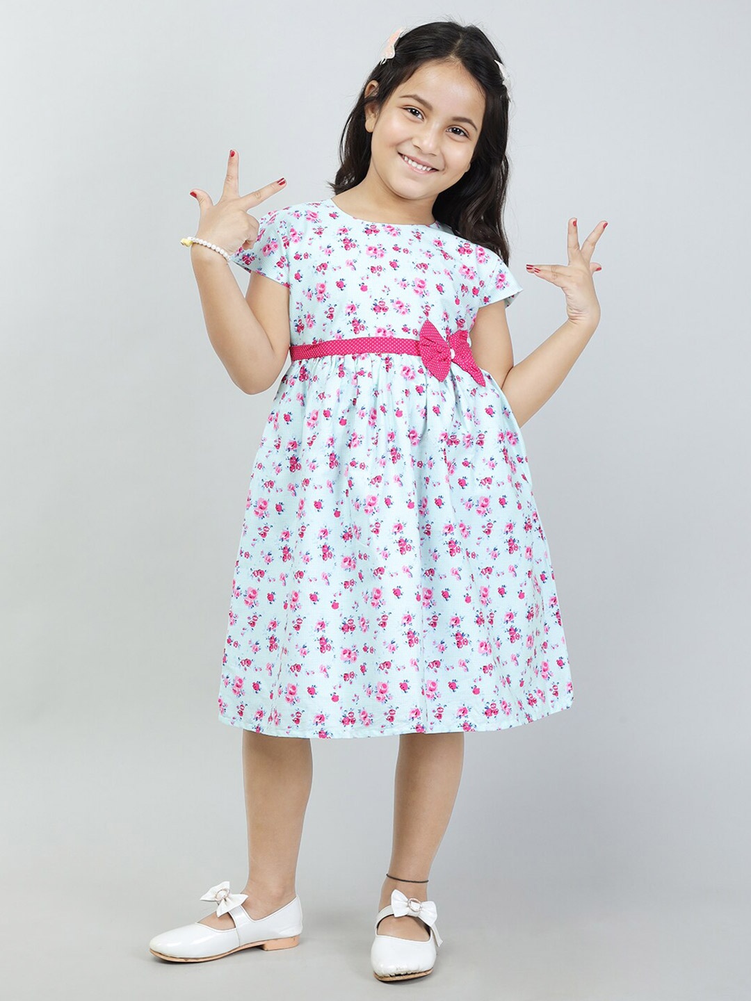 

Todd N Teen Girls Floral Printed Cotton A-Line Dress, Turquoise blue