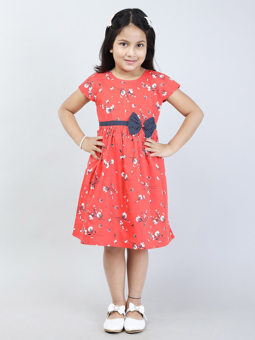 

Todd N Teen Girls Floral Printed Fit & Flare Cotton Dress With Bow Belt, Red