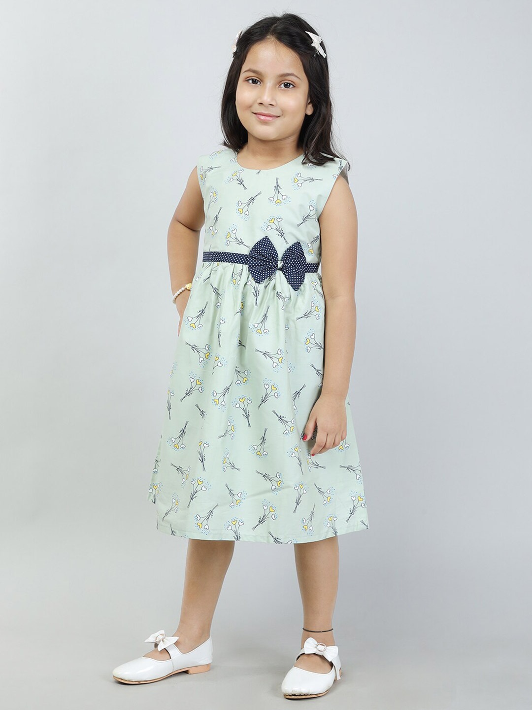 

Todd N Teen Girls Floral Printed Fit & Flare Cotton Dress With Bow Belt, Green