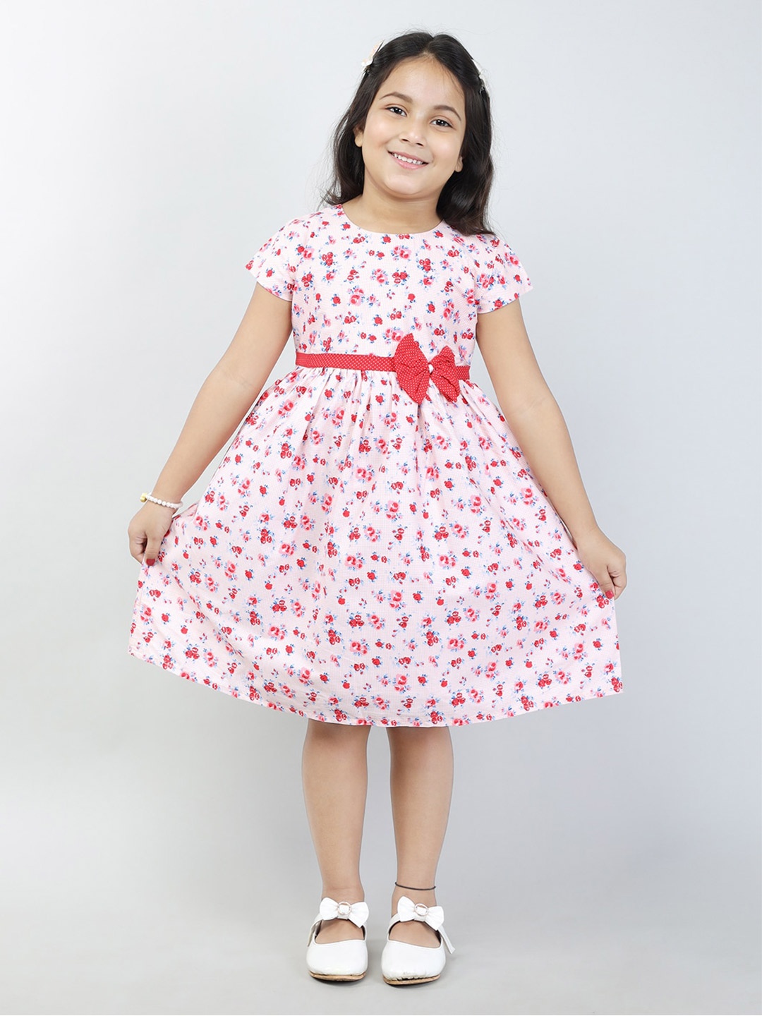 

Todd N Teen Girls Floral Printed Fit & Flare Cotton Dress With Bow Belt, Red