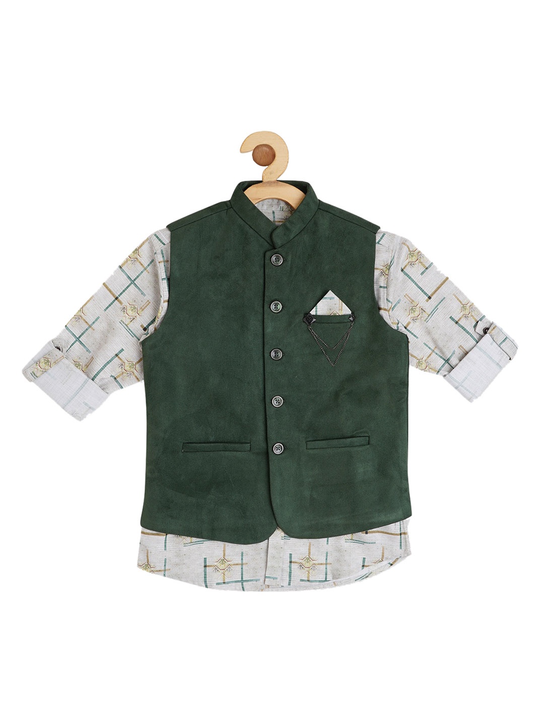 

CAVIO Boys Nehru Jacket With Printed Shirt, Green