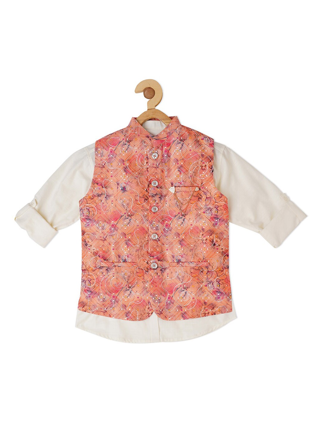 

CAVIO Boys Printed Nehru Jacket With Shirt, Peach