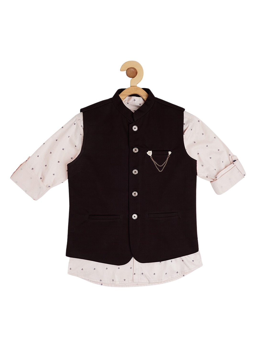 

CAVIO Boys Self Checked Nehru Jacket & Printed Shirt, Brown