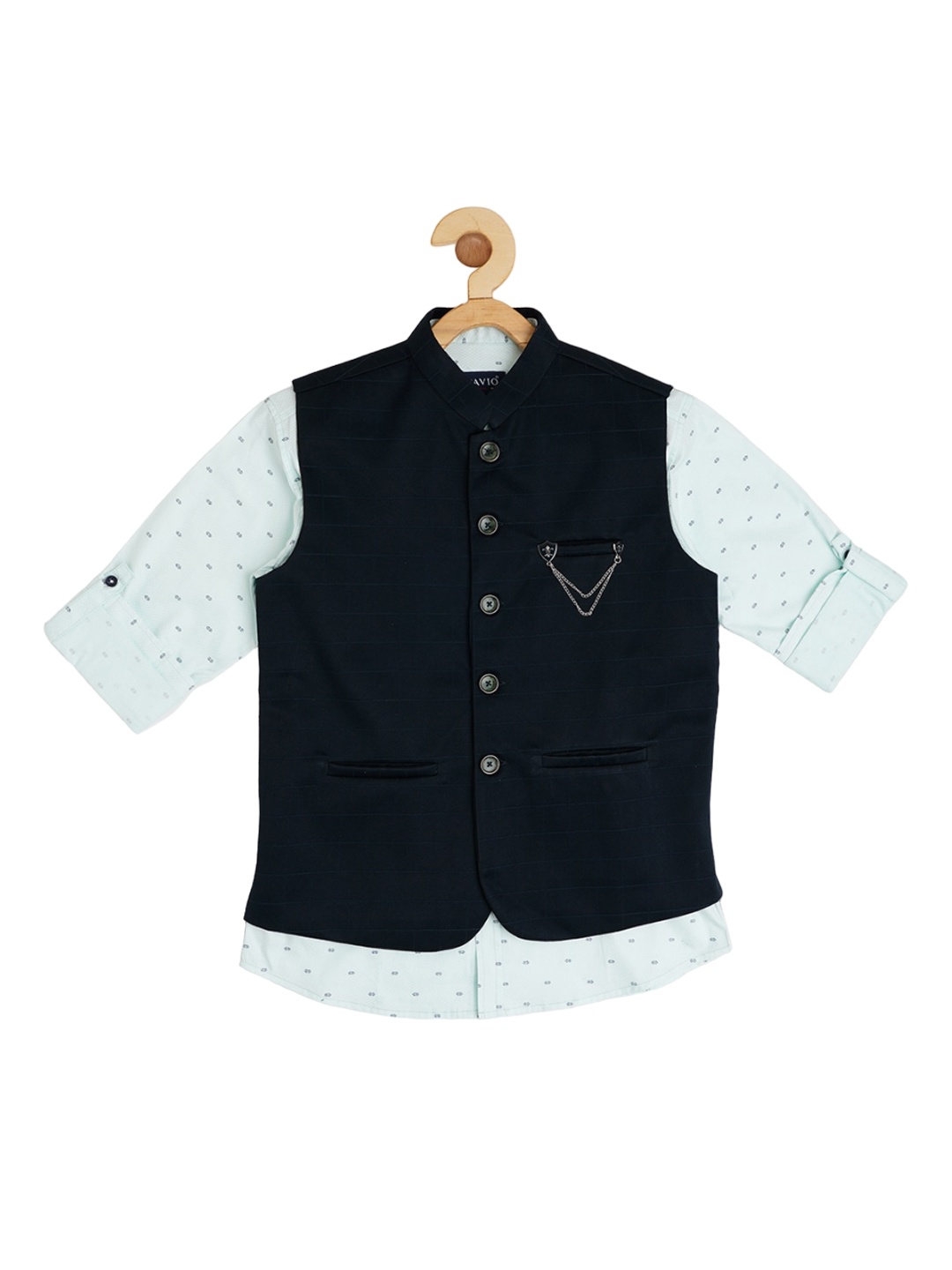 

CAVIO Boys Checked Jacquard Nehru Jacket With Shirt, Green