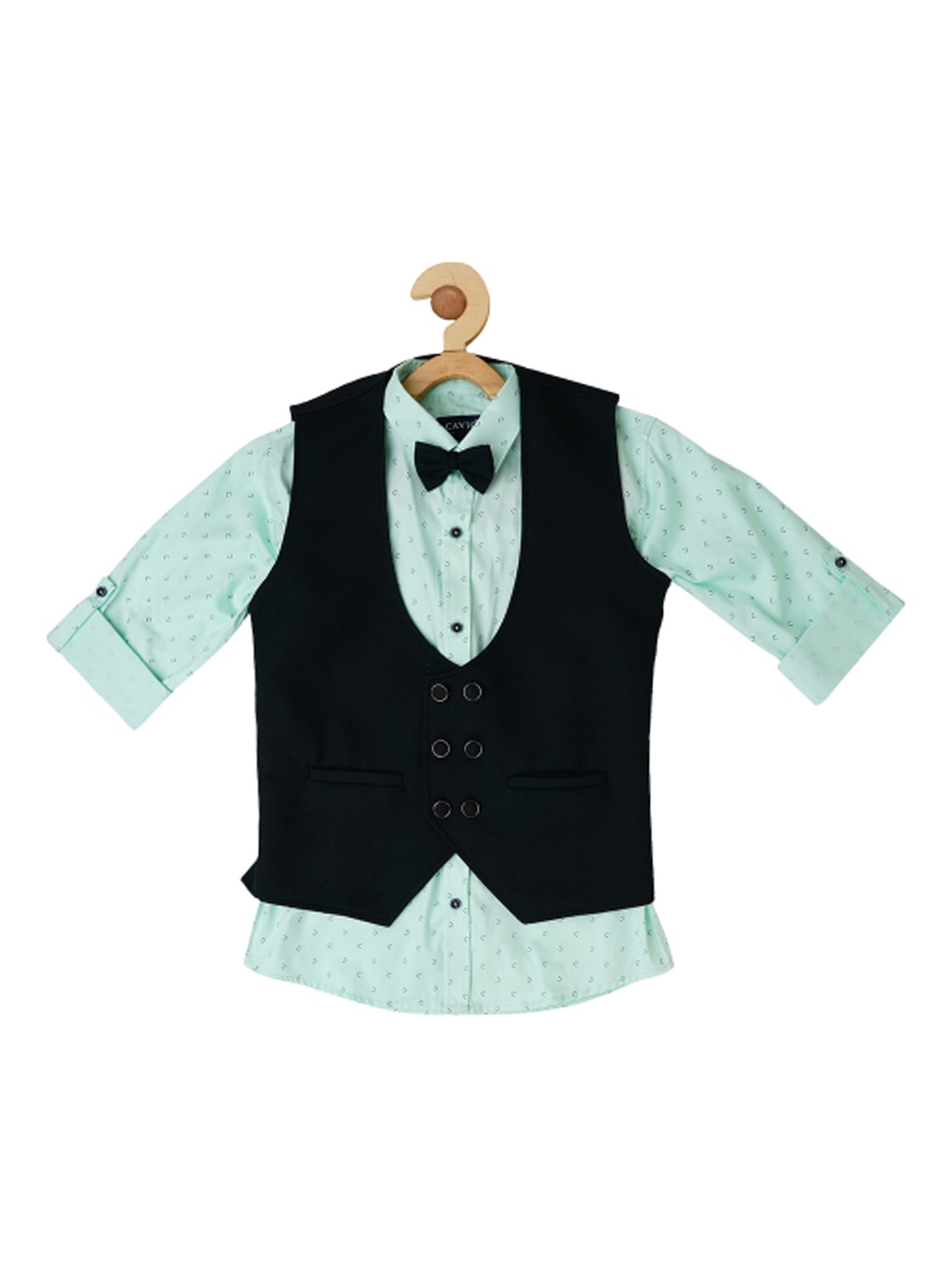 CAVIO Boys Striped Nehru Jacket With Printed Shirt & Bow, Green