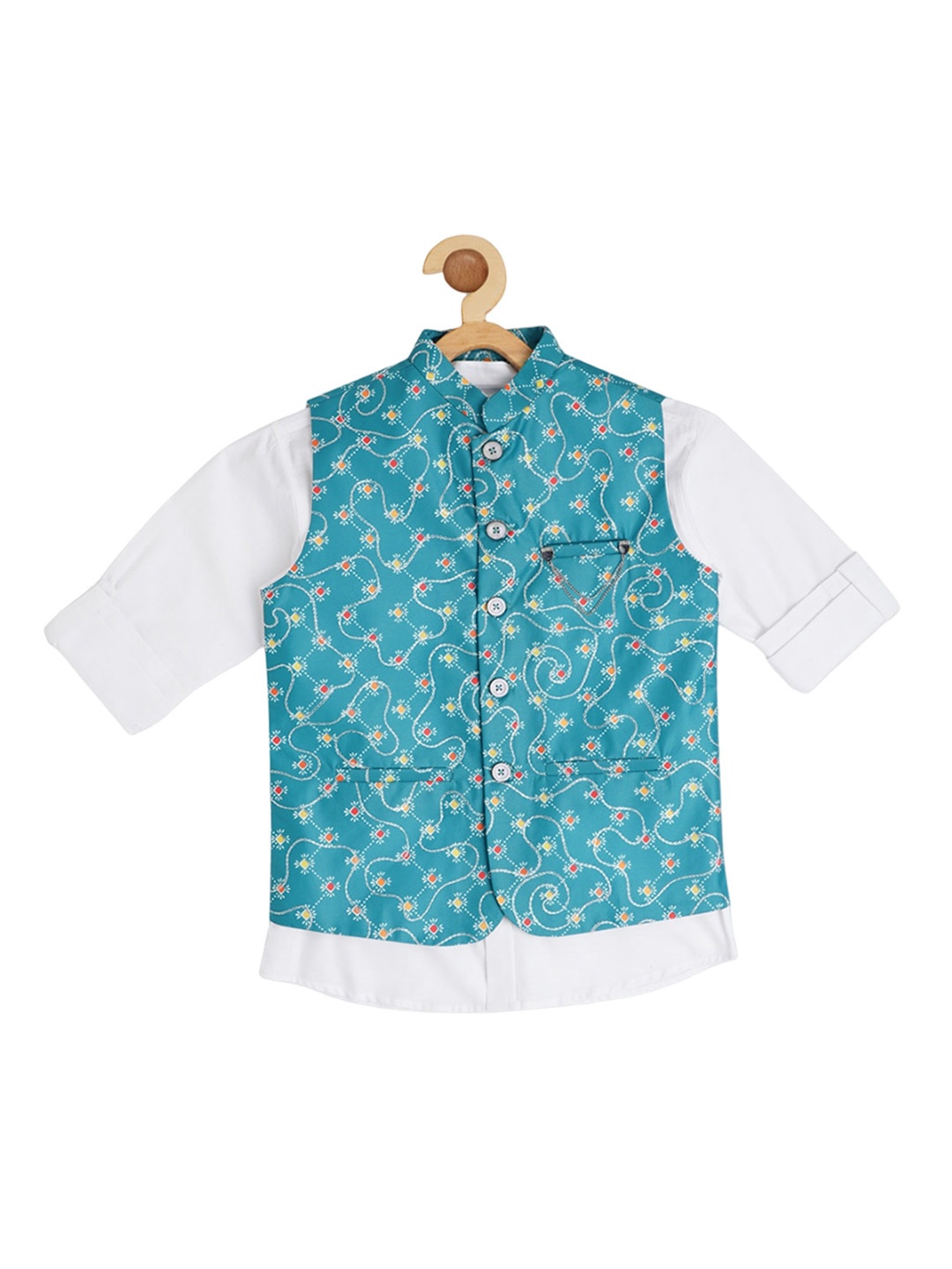 CAVIO Boys Printed & Embroidered Nehru Jacket With Shirt, Blue