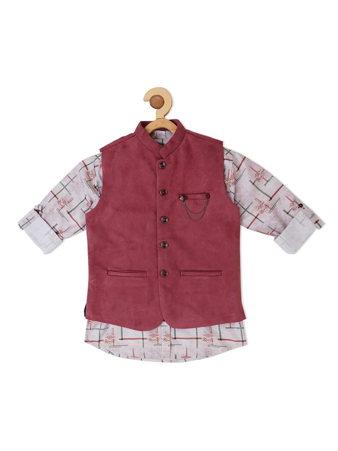 

CAVIO Boys Velvet Nehru Jacket with Printed Shirt, Rust