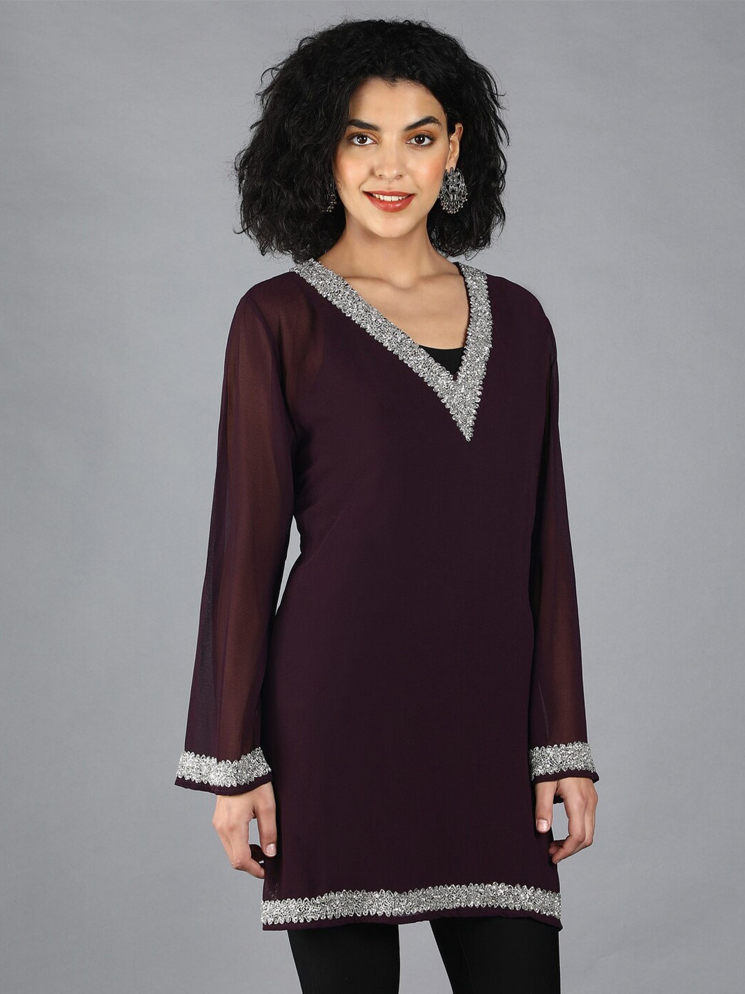 

DEBONATELLA V-Neck Beads And Stones Kurti, Purple