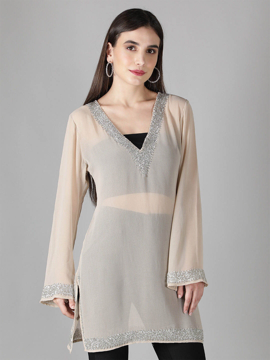 

DEBONATELLA V-Neck Stones & Beads Detailed Georgette Kurti, Beige