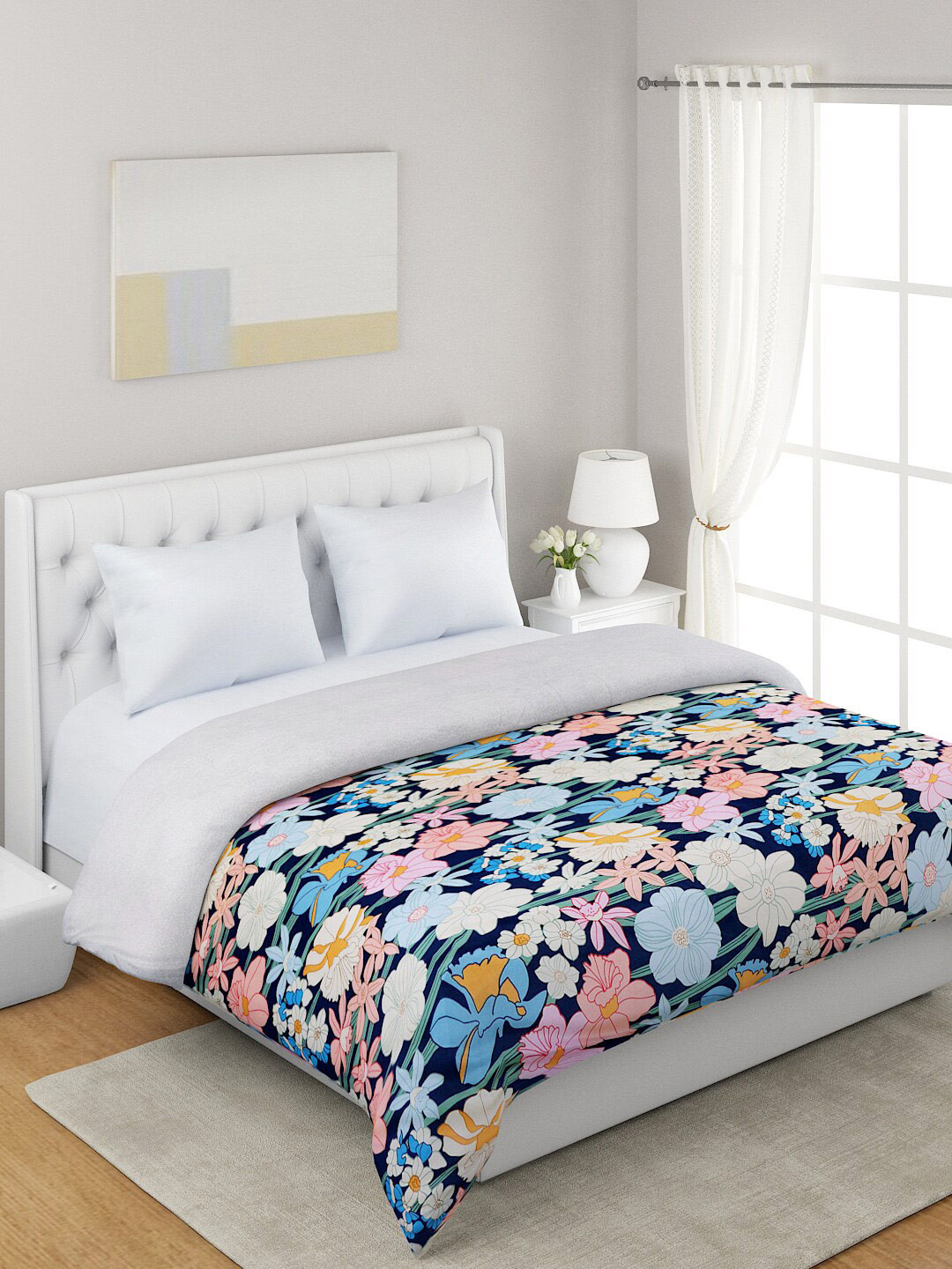 

A Homes Grace Blue & White Floral Printed Microfiber Summer 120 GSM Double Bed Dohar
