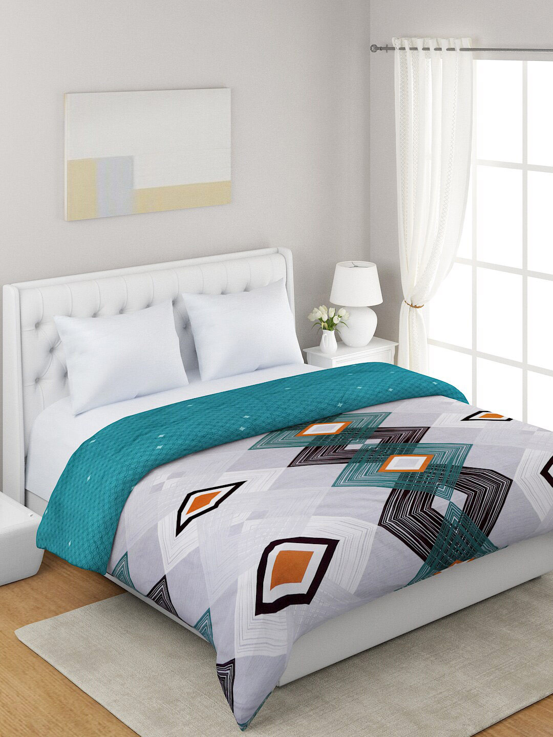 

A Homes Grace Teal & Blue Geometric Printed Microfiber Summer 120 GSM Double Bed Dohar