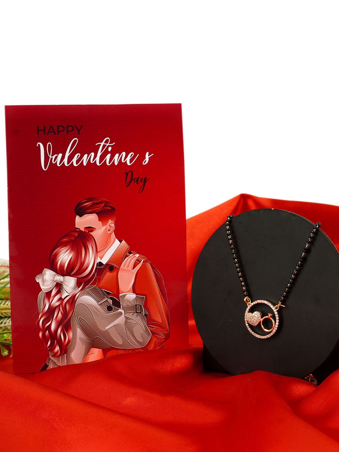 

Ferosh Gold-Plated Stone Studded Copper Mangalsutra With Valentine's Day Greeting Card, Black