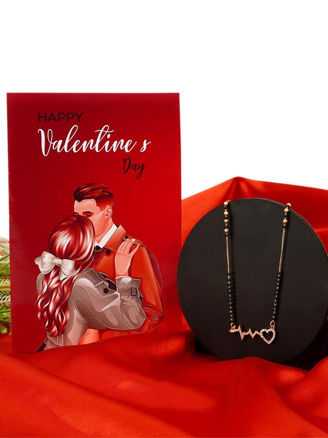 

Ferosh Gold-Plated Stone-Studded & Beaded Mangalsutra With Valentine's Day Greeting Card