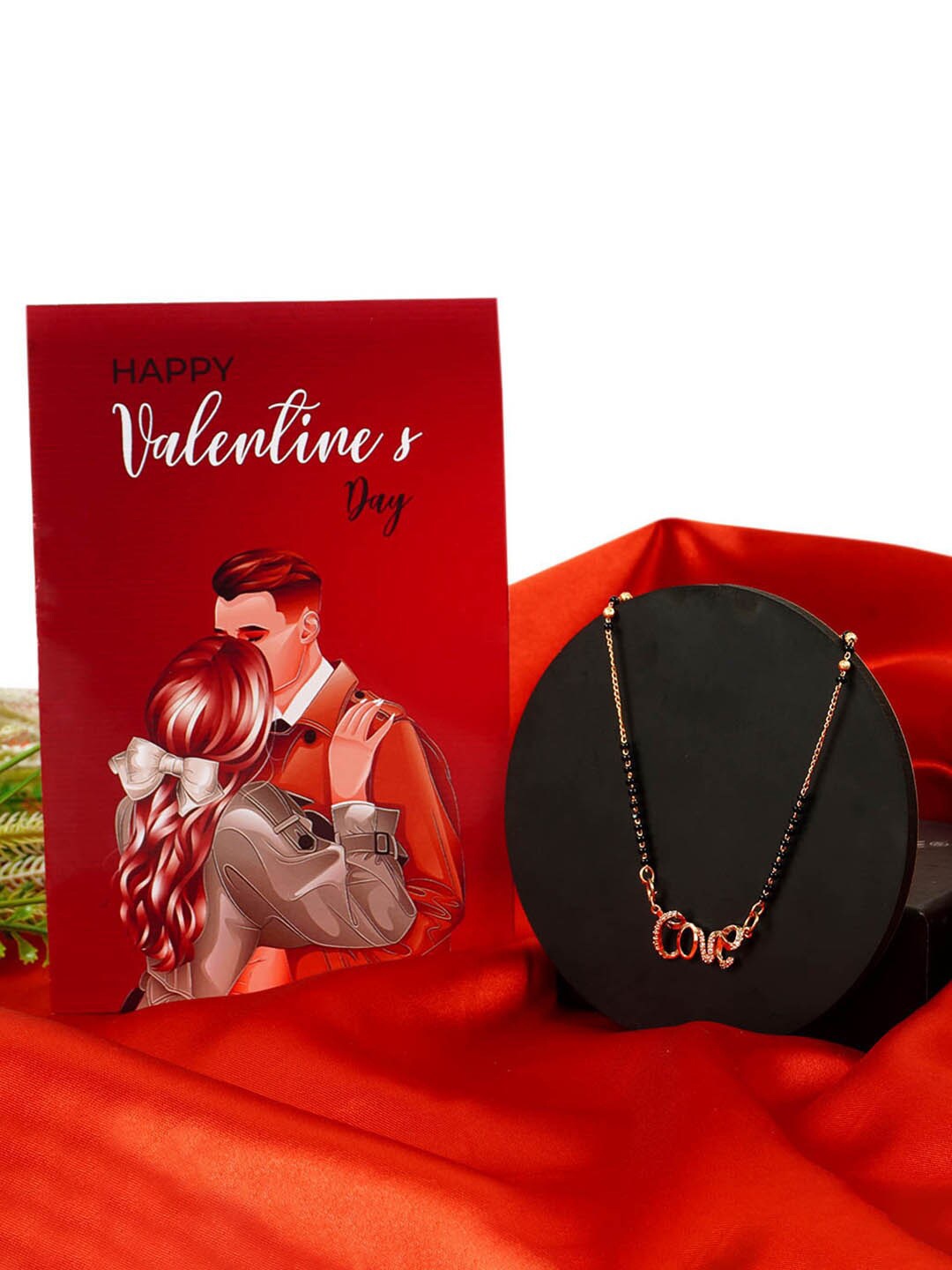 

Ferosh Gold-Plated Stone-Studded & Beaded Mangalsutra With Valentine's Day Greeting Card