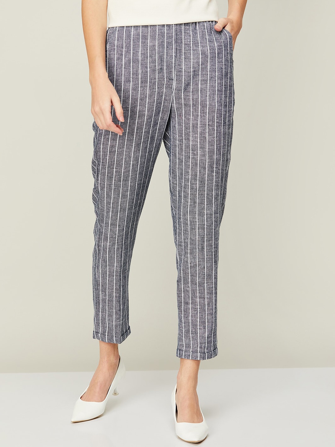 

CODE by Lifestyle Women Mid-Rise Striped Cotton Trousers, Grey