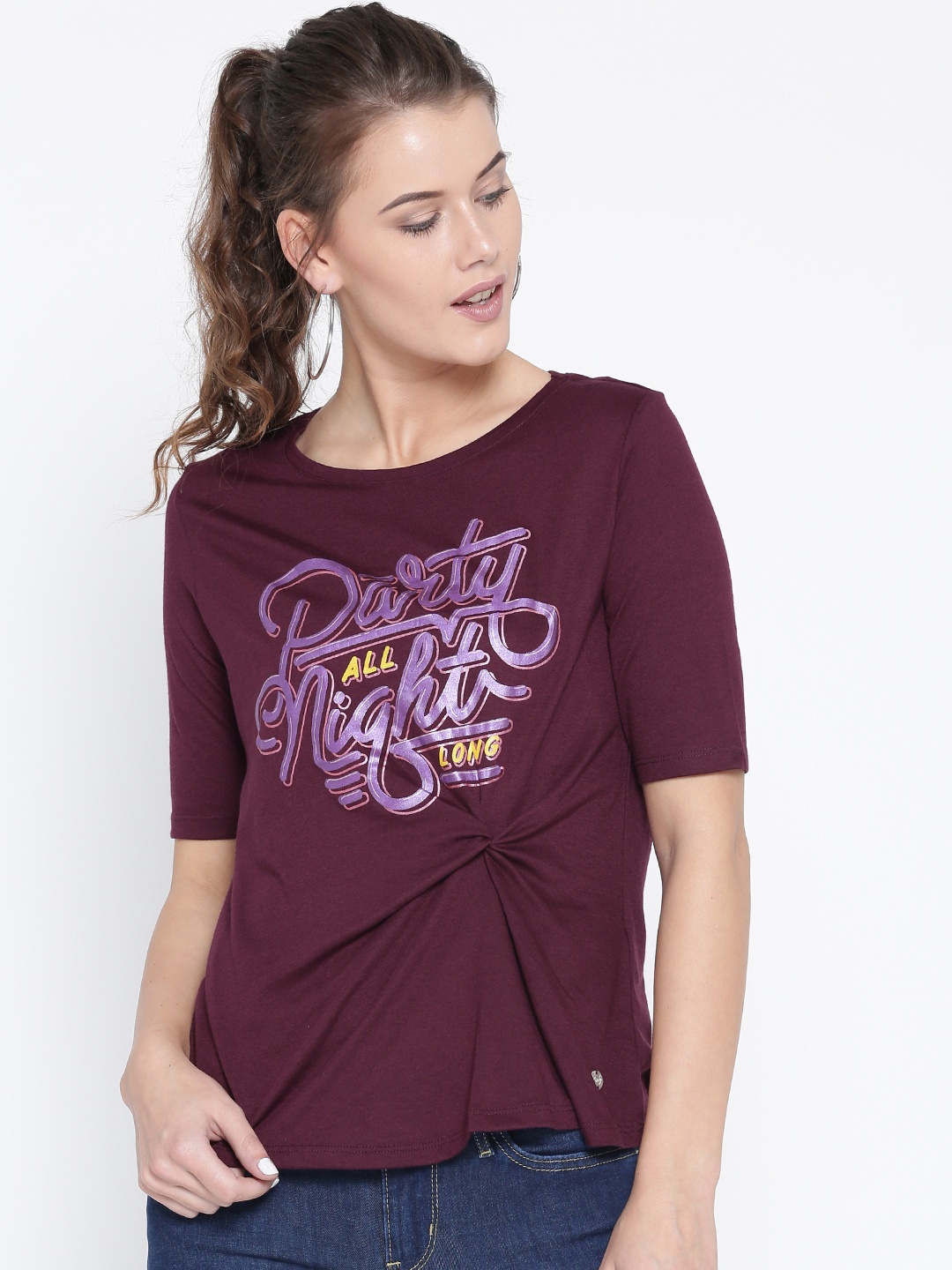 

ONLY Women Burgundy Printed Round Neck T-shirt