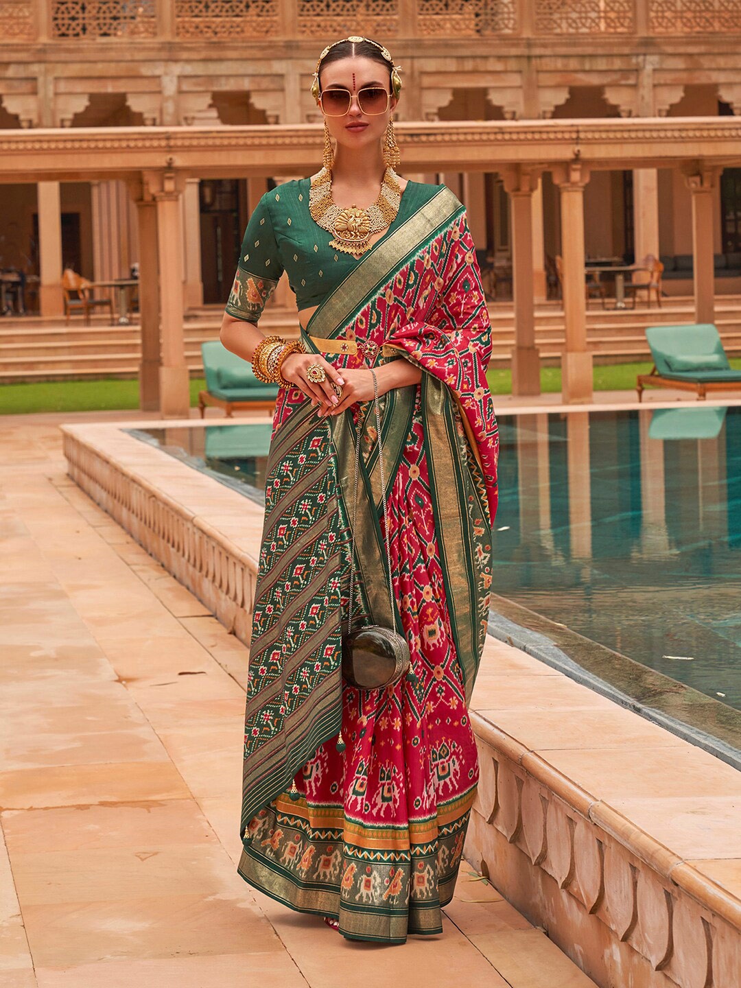 

Anouk Ethnic Motifs Woven Design Zari Silk Blend Patola Saree, Pink