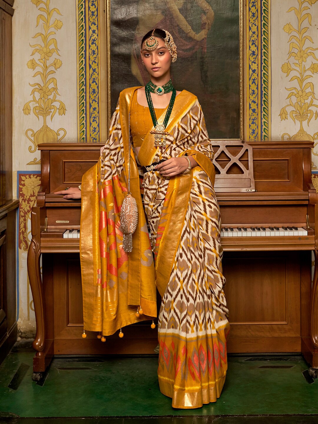 

Anouk Geometric Woven Design Zari Silk Blend Ikat Saree, Cream