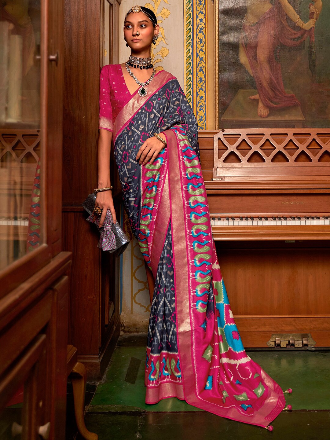 

Anouk Ethnic Motifs Woven design Zari Ikat Saree, Grey