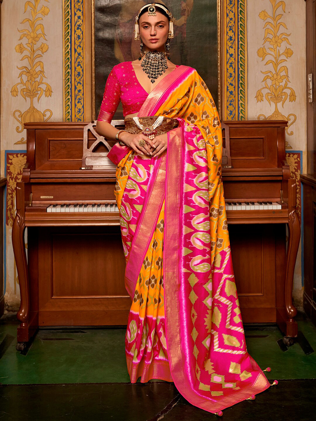 

Anouk Ethnic Motifs Woven design Ikat Saree, Yellow